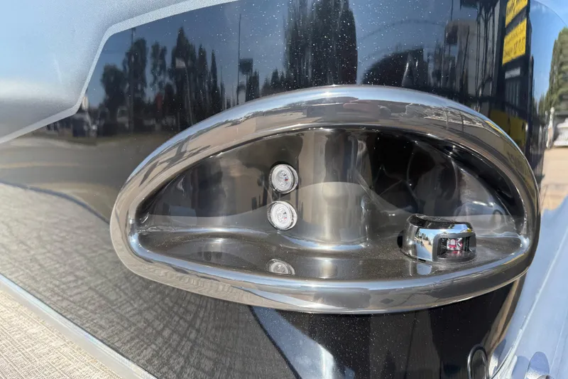 Slide: The Image of Close-up of 2026 Avalon VENTURE QUAD LOUNGER boat detail with sleek metallic finish. - 5