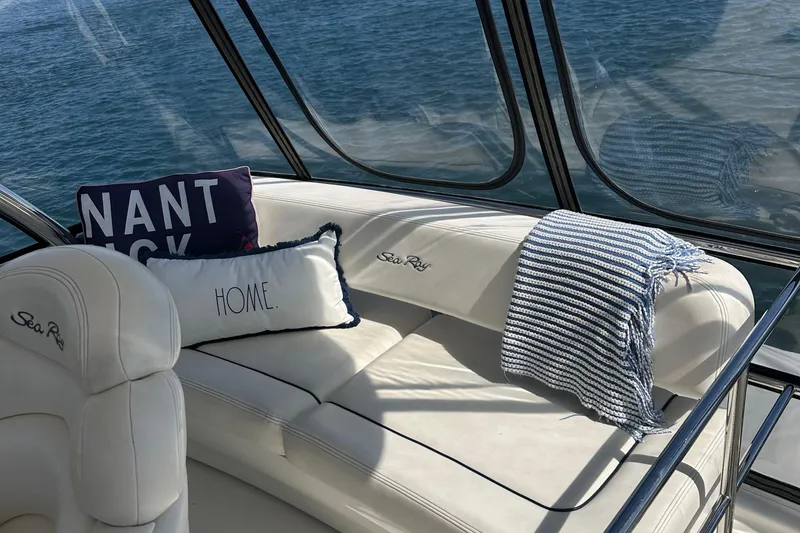 Slide: The Image of Luxurious 2005 Sea Ray 500 Sedan Bridge interior with cushions and ocean view. - 6
