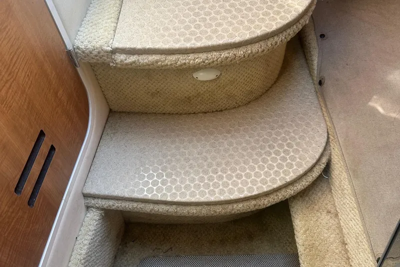 Slide: The Image of Carpeted steps inside a 2006 Sea Ray 260 Sundancer boat, featuring a honeycomb pattern. - 40