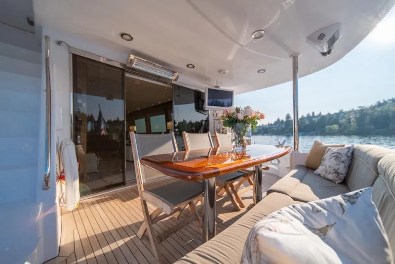 Slide: The Image of Luxurious 2008 Hatteras 72 Motor Yacht deck with elegant seating and scenic water view. - 19