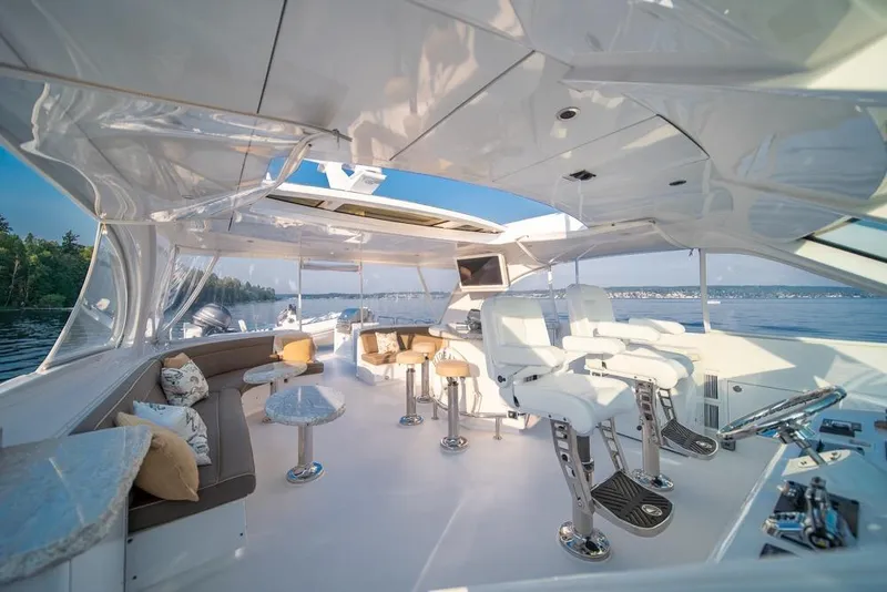Slide: The Image of Luxurious 2008 Hatteras 72 Motor Yacht interior with plush seating and panoramic views. - 8