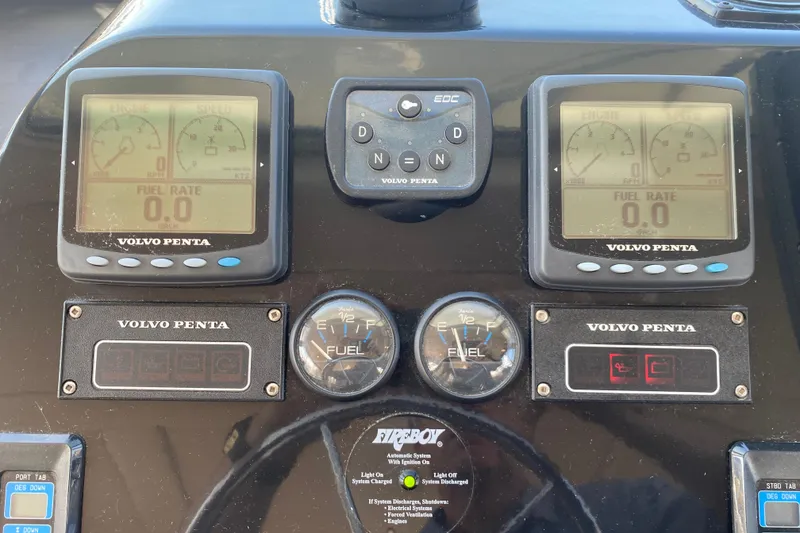 Slide: The Image of Volvo Penta boat dashboard with fuel gauges and electronic displays, Zeta 36, 2003 model. - 32