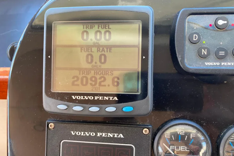 Slide: The Image of Volvo Penta boat dashboard showing trip fuel, fuel rate, and trip hours on a Zeta 36, 2003. - 36
