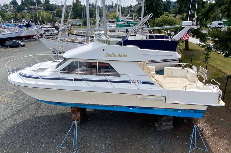 Slide: The Image of 2003 Zeta 36 boat named "Stella Anne" on dry dock, surrounded by other vessels. - 80