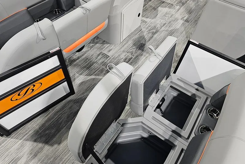Slide: The Image of 2026 Bentley Pontoons Bolt interior with storage compartments and stylish seating. - 17