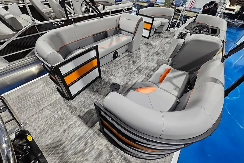 Slide: The Image of 2026 Bentley Pontoons Bolt interior with modern seating and sleek design. - 7