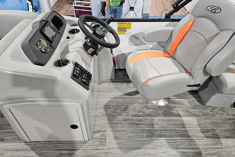 Slide: The Image of 2026 Bentley Pontoons Bolt interior with modern helm and stylish seating. - 8