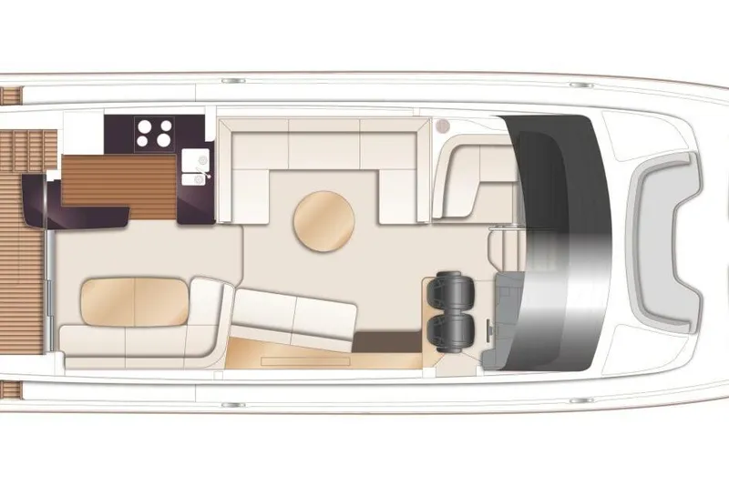 Slide: The Image of Top view layout of 2026 Princess F65-079 yacht interior, featuring seating and kitchen areas. - 27