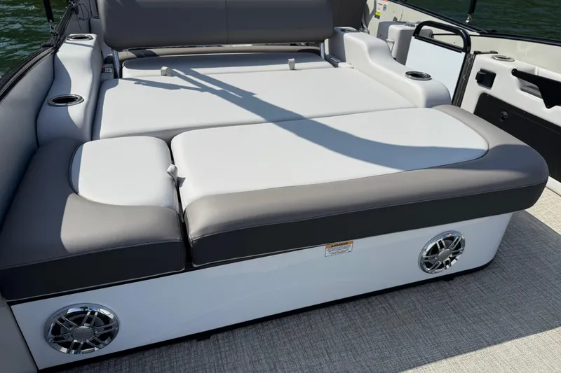 Slide: The Image of 2023 Avalon Catalina Versatile Rear Bench, 25-foot boat, featuring comfortable seating and built-in speakers. - 30