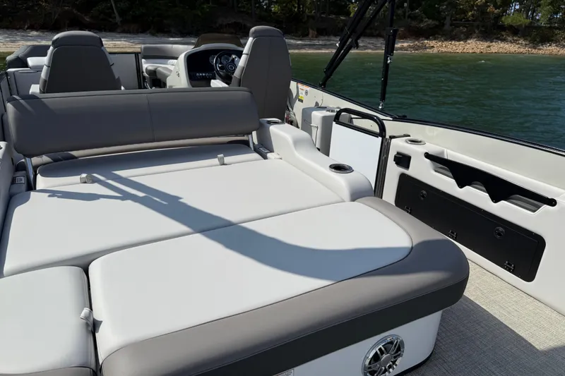 Slide: The Image of 2023 Avalon Catalina Versatile Rear Bench boat interior with comfortable seating and modern design. - 31