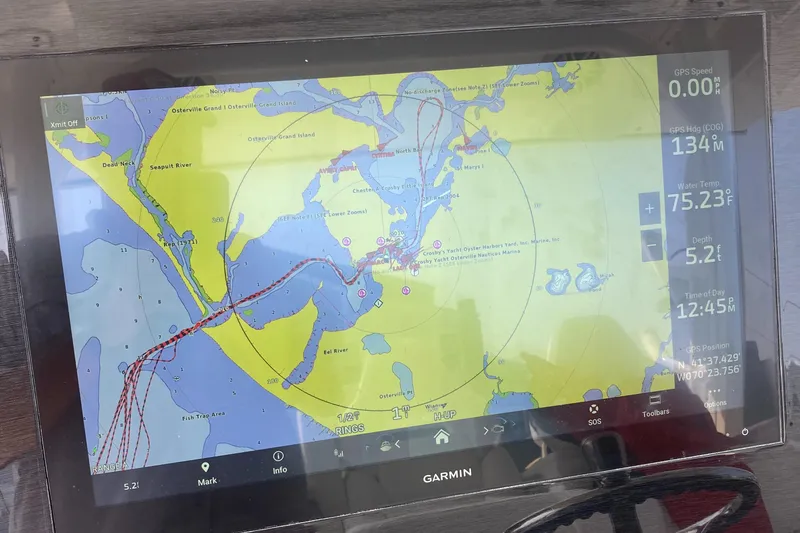 Slide: The Image of Garmin navigation display on 2022 Regulator 37 boat, showing nautical chart and route. - 11