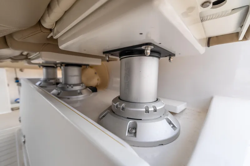 Slide: The Image of Interior view of 2021 Everglades 395 Center Console boat seating mechanism. - 32