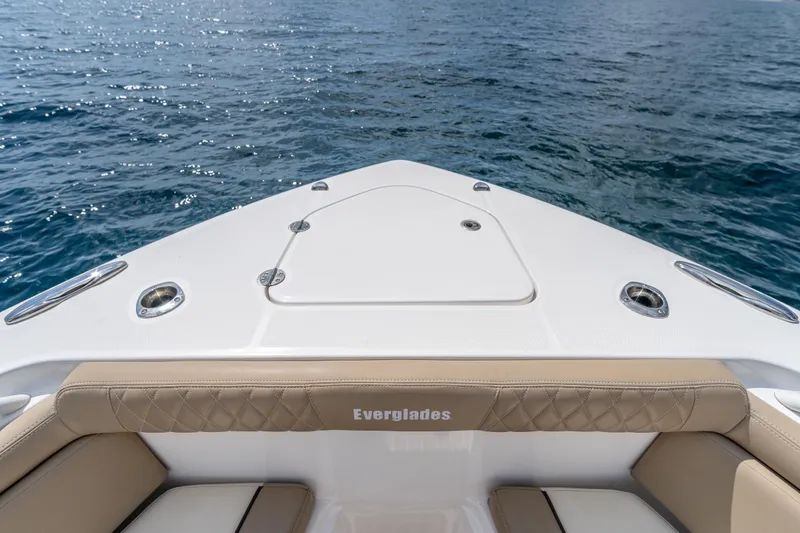 Slide: The Image of Bow view of 2021 Everglades 395 Center Console on open water. - 42