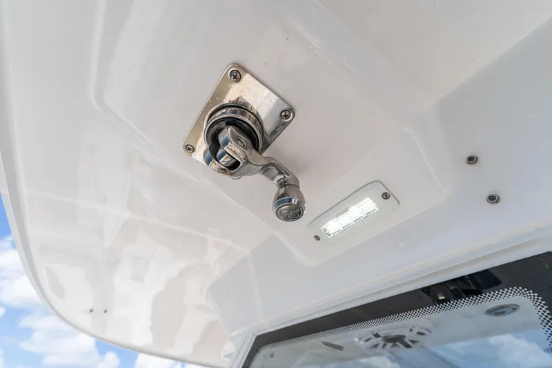 Slide: The Image of Close-up of Everglades 395 Center Console 2021 boat hardware and light fixture. - 72