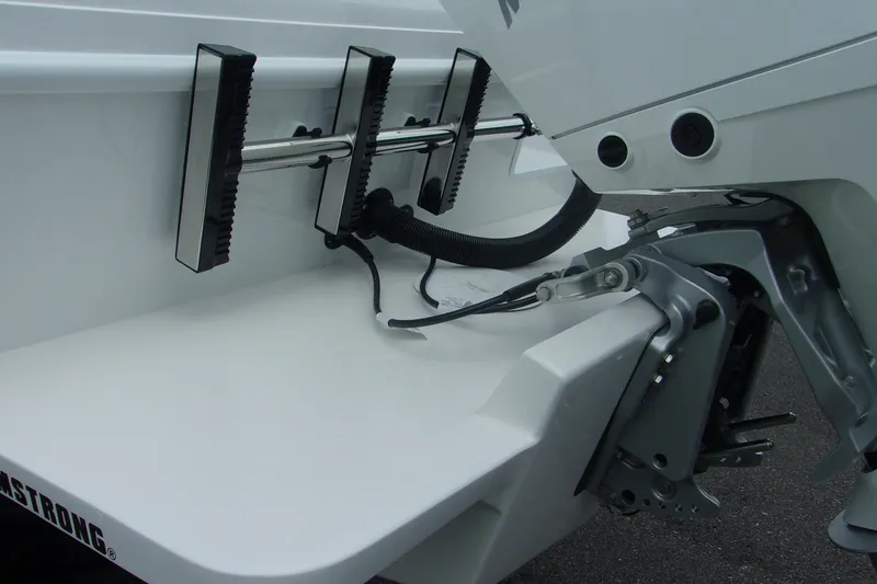 Slide: The Image of 2025 Bluewater 23 T boat transom with motor mount and ladder details. - 4