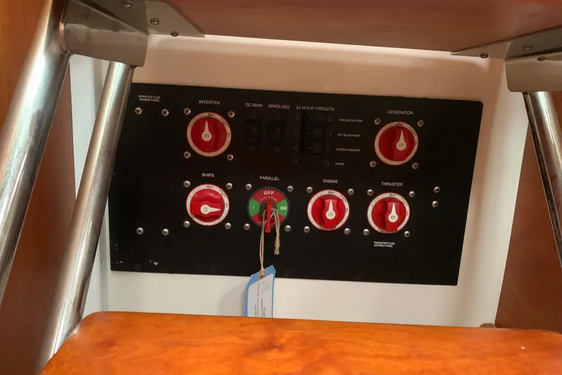 Slide: The Image of Electrical control panel on a 2008 Back Cove 33 Hard Top Express boat. - 34