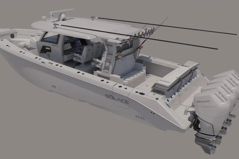 Slide: The Image of 2026 Solace 42 CS boat with advanced cockpit and multiple Mercury outboard engines. - 3