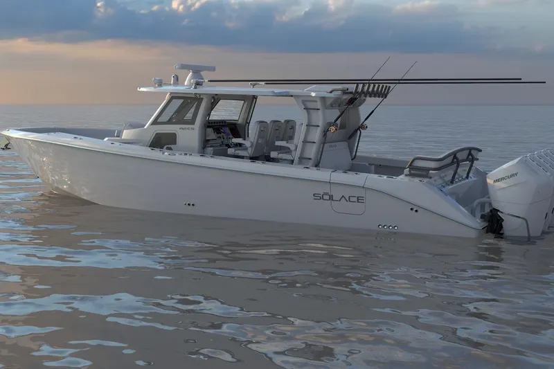 Slide: The Image of 2026 Solace 42 CS boat on calm water at sunset. - 4