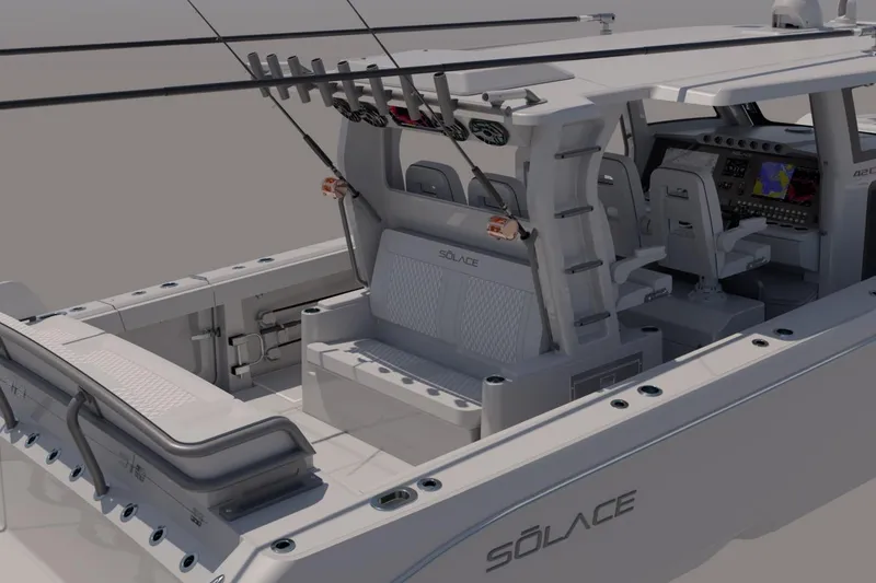 Slide: The Image of 2026 Solace 42 CS boat interior with advanced navigation system and fishing rod holders. - 5