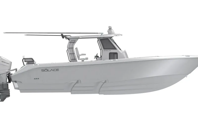 Slide: The Image of 2026 Solace 35 CS boat side view with Mercury outboard engine. - 4