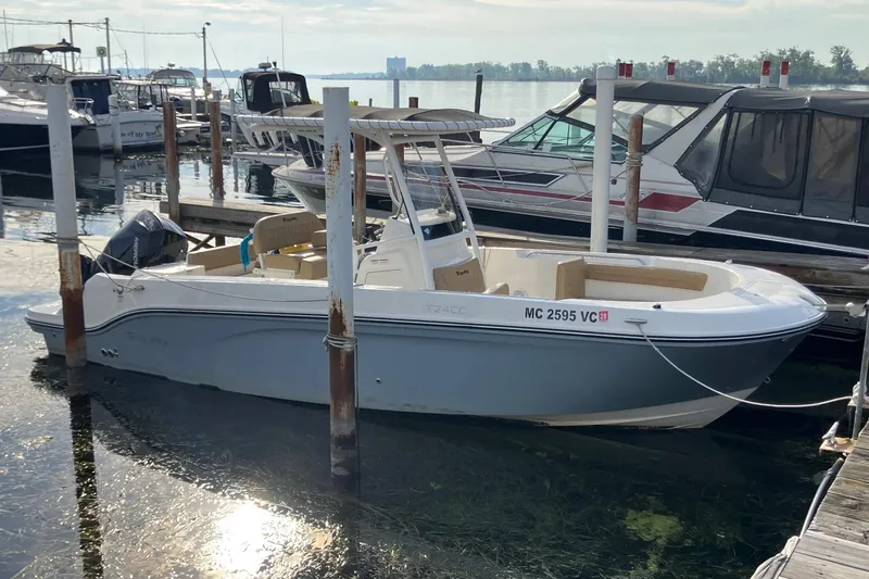 The Image of 2025 Bayliner Trophy T24CC boat docked at marina, surrounded by other vessels. - 0