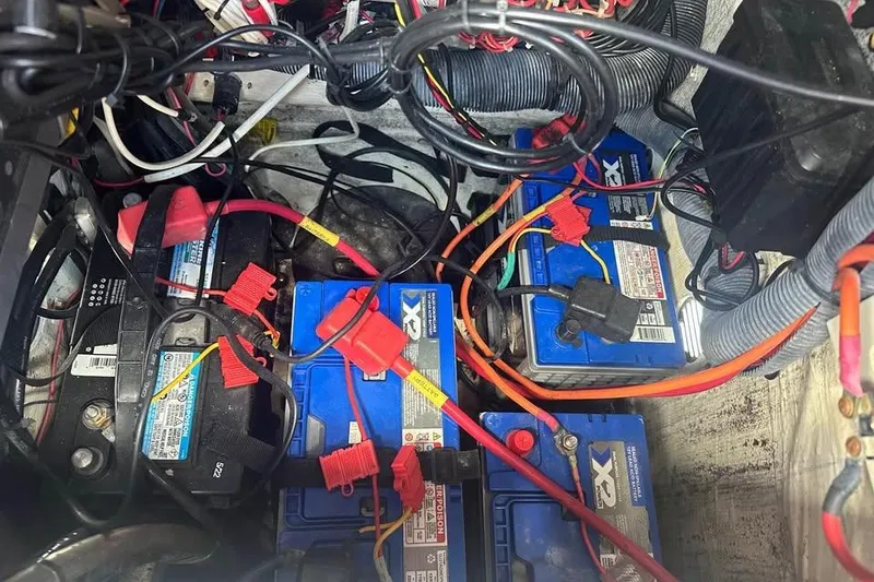 Slide: The Image of 2014 Pathfinder 2200 V Tournament Edition boat battery compartment with wiring and connections. - 20