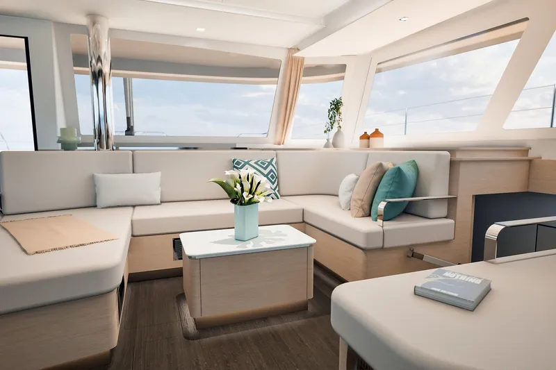 Slide: The Image of Luxurious interior of 2026 Fountaine Pajot 55 yacht with modern seating and decor. - 31