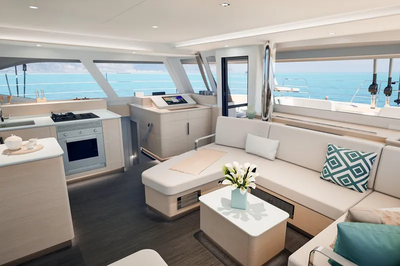 Slide: The Image of Luxurious interior of 2026 Fountaine Pajot 55 yacht with modern kitchen and seating area. - 35