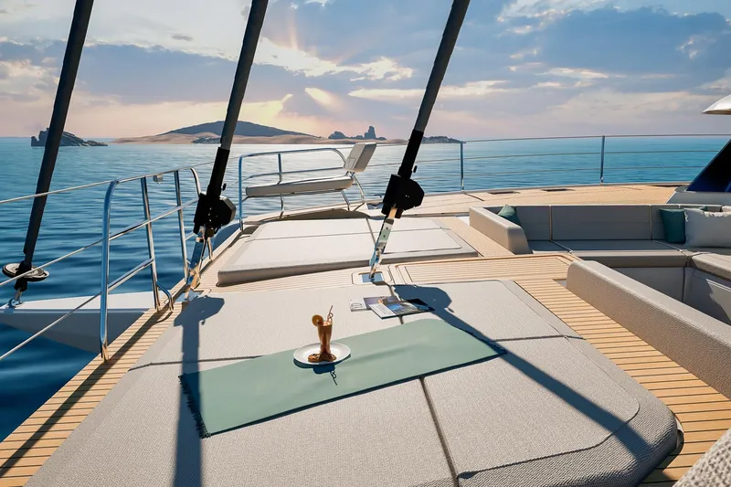 Slide: The Image of Luxurious 2026 Fountaine Pajot 55 yacht deck with sun loungers and ocean view. - 8