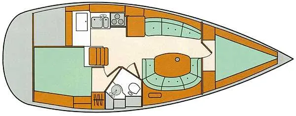 Slide: The Image of Floor plan of a 1999 Beneteau Oceanis 352 sailboat, featuring cabin and galley layout. - 36