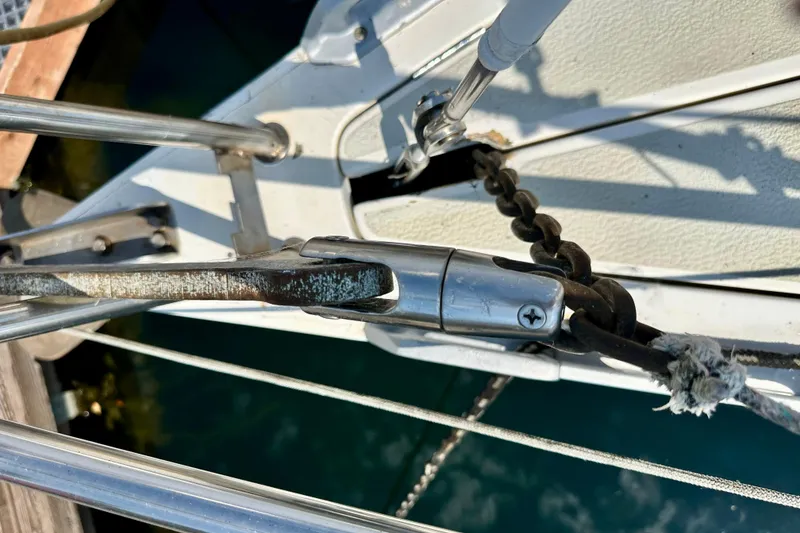 Slide: The Image of Close-up of Sirena 38 sailboat rigging and chain detail, 1983 model. - 26