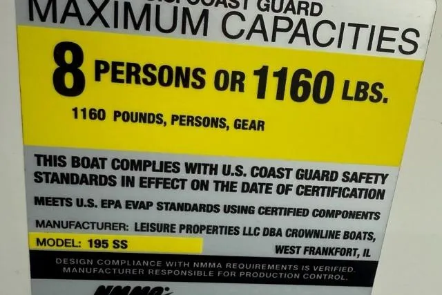 Slide: The Image of 2012 195 SS boat capacity label: 8 persons or 1160 lbs, U.S. Coast Guard compliant. - 11