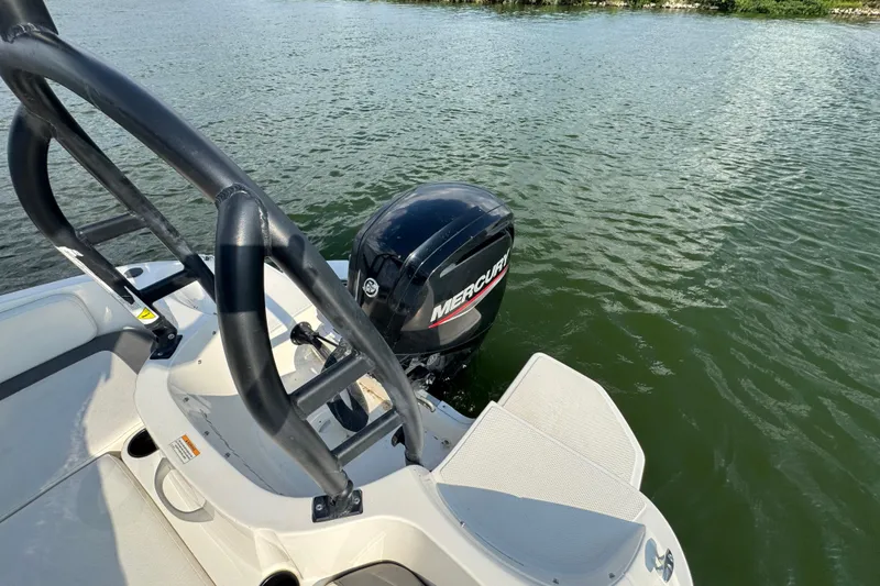 Slide: The Image of 2020 Bayliner Element E18 boat with Mercury outboard motor on a lake. - 13