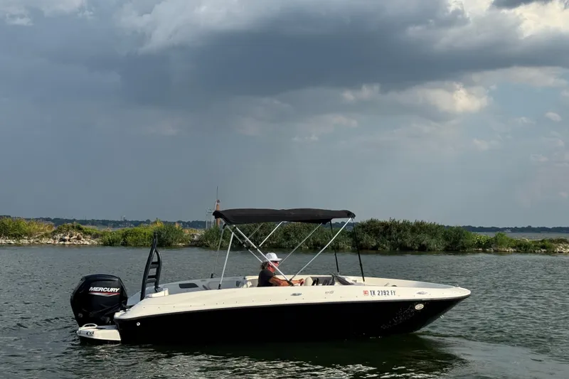 Slide: The Image of 2020 Bayliner Element E18 boat on a lake under cloudy skies. - 3