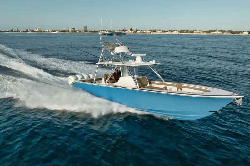 Slide: The Image of 2023 Valhalla Boatworks V-41 cruising on open water, showcasing sleek design and performance. - 3