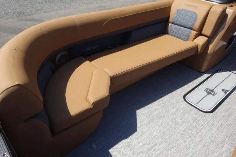 Slide: The Image of Luxurious seating on 2026 Harris Solstice 250 boat, featuring elegant tan upholstery. - 9