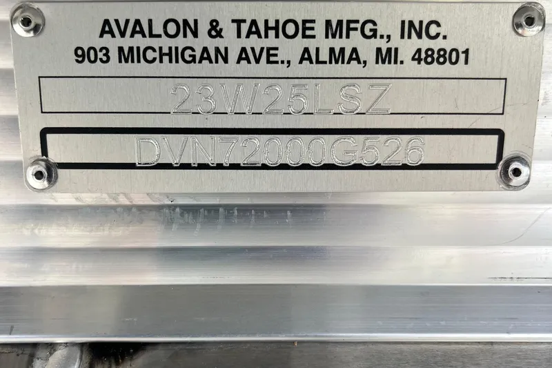 Slide: The Image of 2026 Avalon 2385 LSZ Quad Lounger, manufacturer plate, Avalon & Tahoe MFG, Alma, MI. - 22