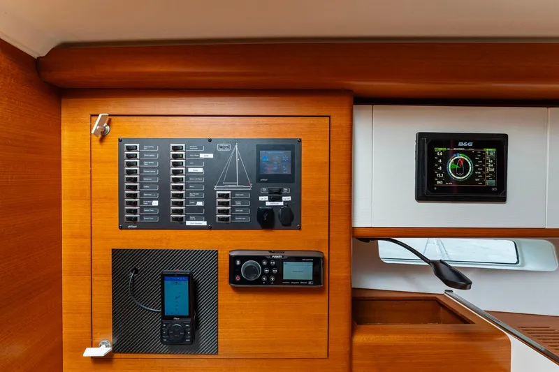 Slide: The Image of Control panel of 2015 Italia Yachts 13.98, featuring navigation and electrical systems. - 32
