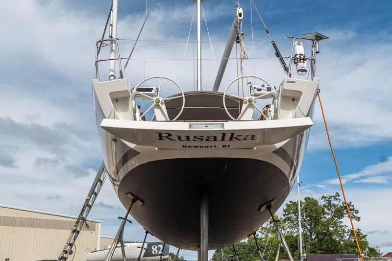 Slide: The Image of Italia Yachts 13.98 sailboat, 2015 model, docked with dual steering wheels, Newport, RI. - 9