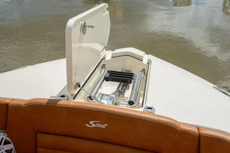 Slide: The Image of Manufacturer Provided Image: 2025 Scout 255 Dorado boat with open storage compartment on deck. - 3
