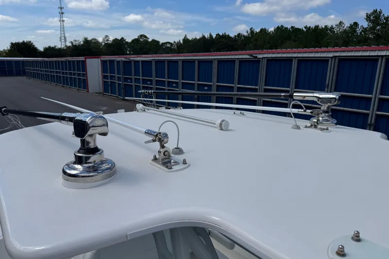 Slide: The Image of 2024 SeaVee 32Z boat roof with mounted antennas and equipment. - 41