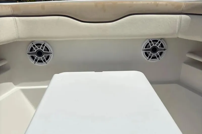 Slide: The Image of 2017 Jupiter 38 FS boat interior with speakers and cushioned seating. - 3