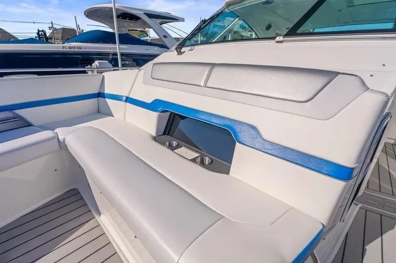 Slide: The Image of 2024 Formula 380 Super Sport Crossover OB interior with sleek seating and cup holders. - 46