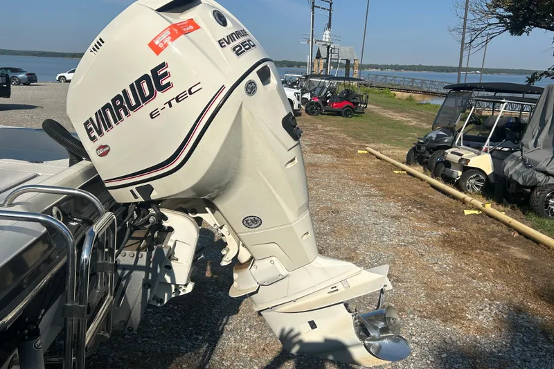 Slide: The Image of 2009 Ranger 2410 Bay Ranger with Evinrude E-TEC 250 outboard motor by a lakeside. - 6