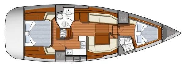 Slide: The Image of Floor plan of a 2011 Jeanneau Sun Odyssey 42 DS sailboat, featuring cabins and amenities. - 3