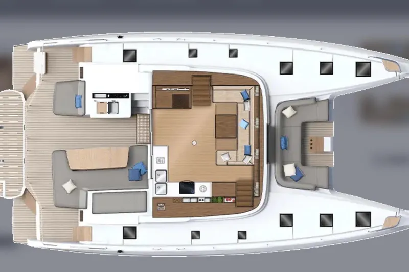 Slide: The Image of Top view of 2026 Lagoon 55 yacht interior layout, featuring spacious living and dining areas. - 14