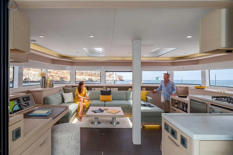 Slide: The Image of Luxurious interior of 2026 Lagoon 55 yacht with modern furnishings and ocean view. - 17