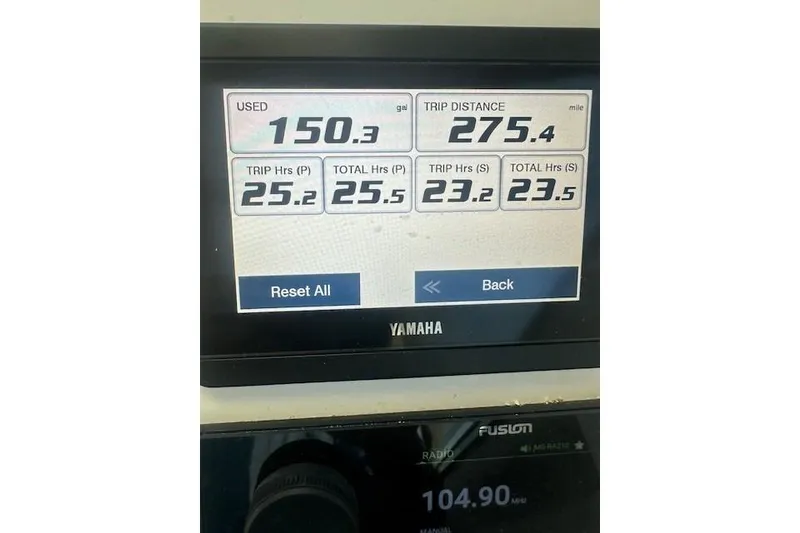 Slide: The Image of Yamaha display showing fuel usage and trip data for Parker 2520 XLD Sport Cabin, 2022 model. - 4