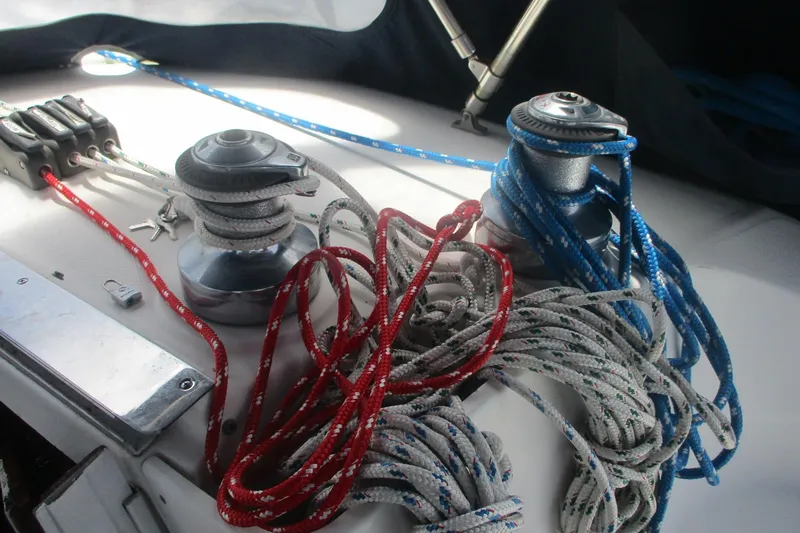 Slide: The Image of Sailing ropes and winches on a 2003 Hunter 356 yacht deck. - 6