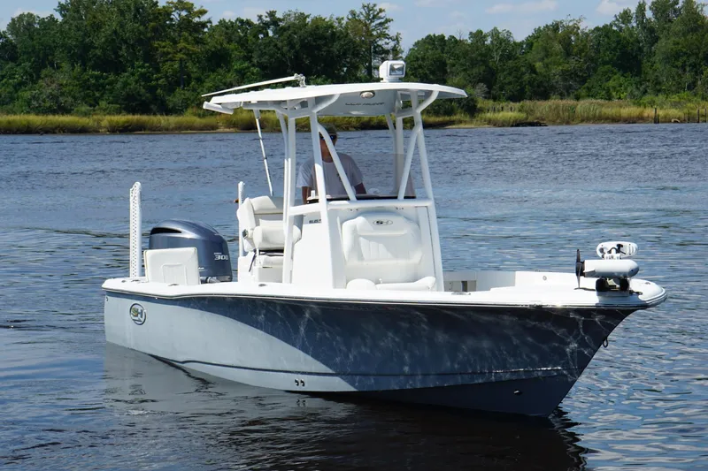 The Image of 2018 Seahunt BX25 boat on calm water, surrounded by lush greenery. - 1